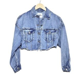 ZARA Light Blue Cropped Raw-Hem Denim Jacket